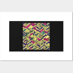 isometric abstract vintage pattern. yellow pink blue greens. wabi-sabi organic perfectly imperfect illustration style Posters and Art